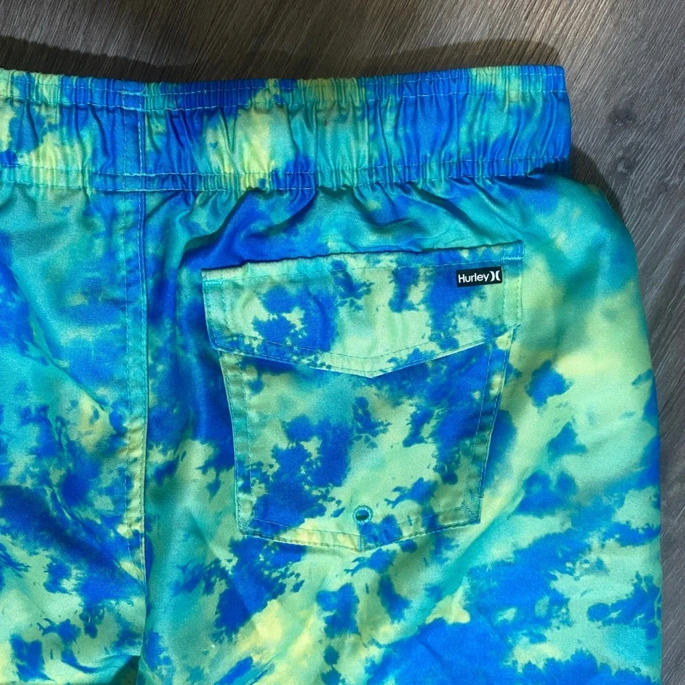 Hurley Mens XL Tie Dye Swim Trunks Blue Lime Green‎ Board Shorts Mesh Lined 0097